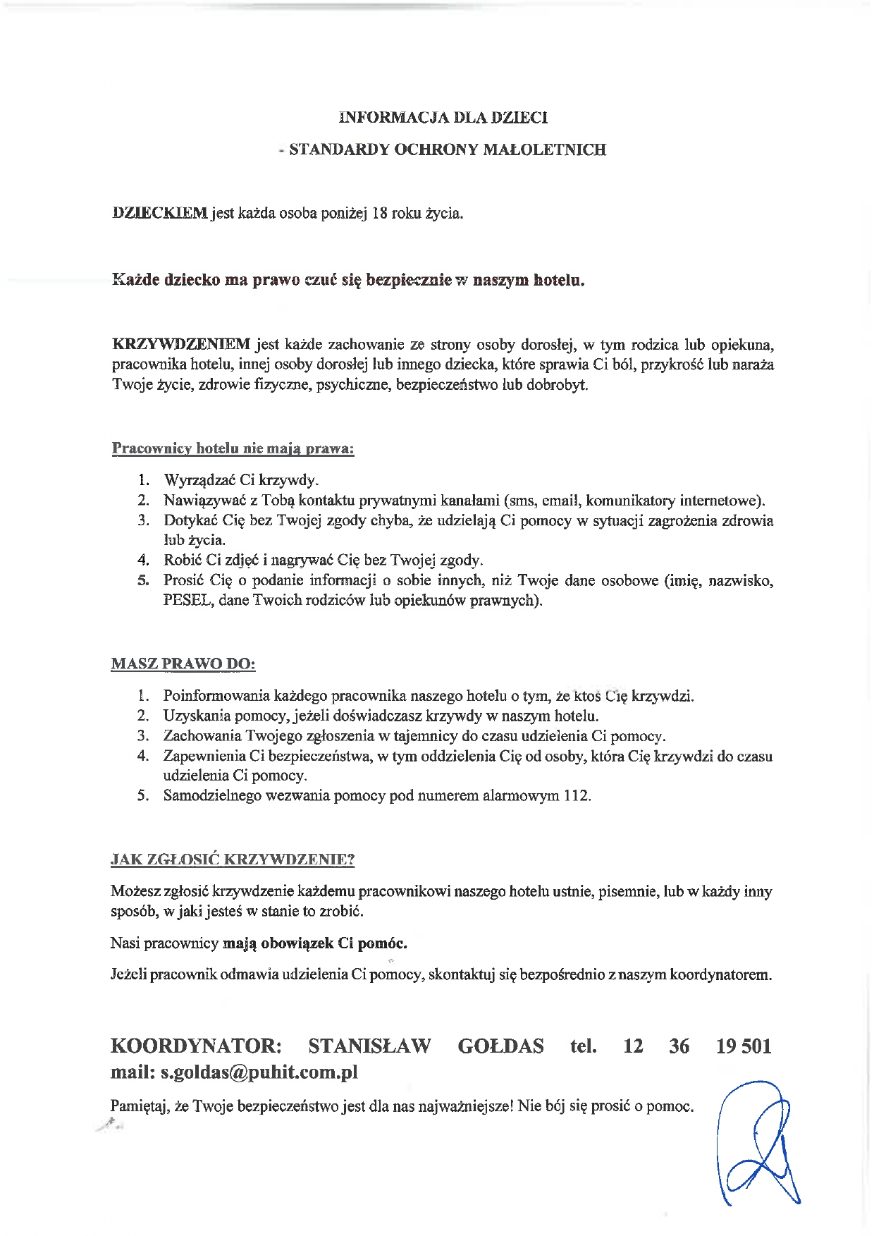 Informacja dla dzieci o standardach ochrony małoletnich